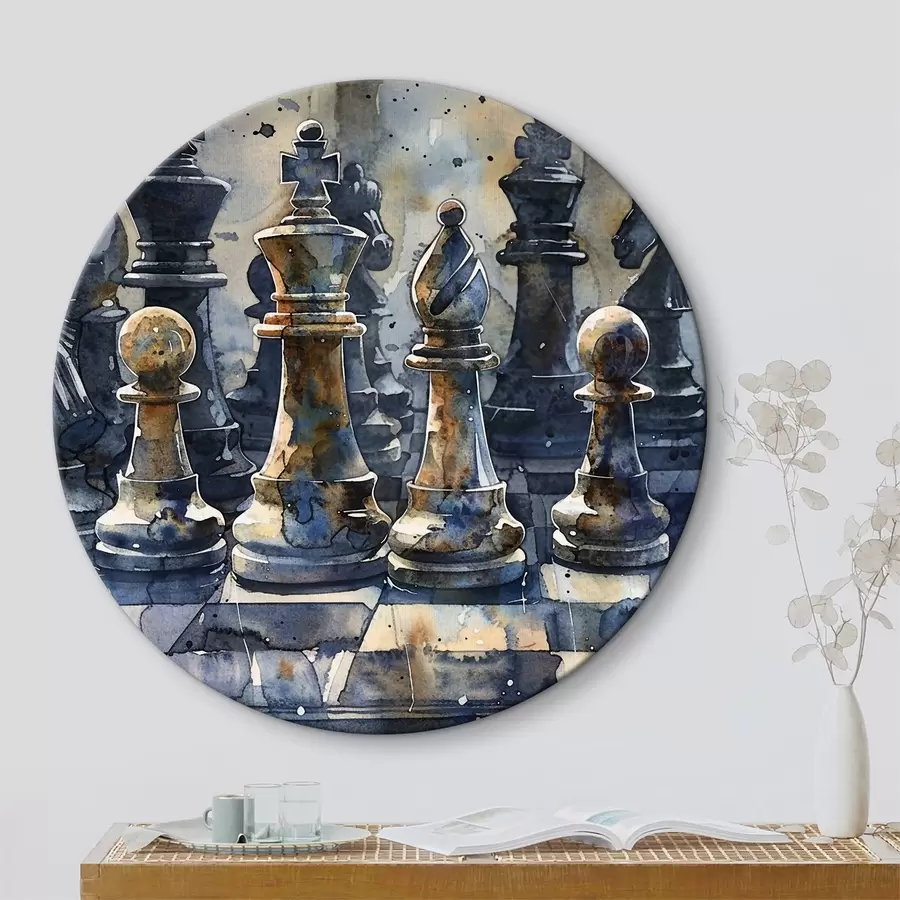 Wandbilder Aquarellmalerei, Nahaufnahme eines Schachspiels aus Metall oder Stein, mit detaillierten Designs und Texturen r38960