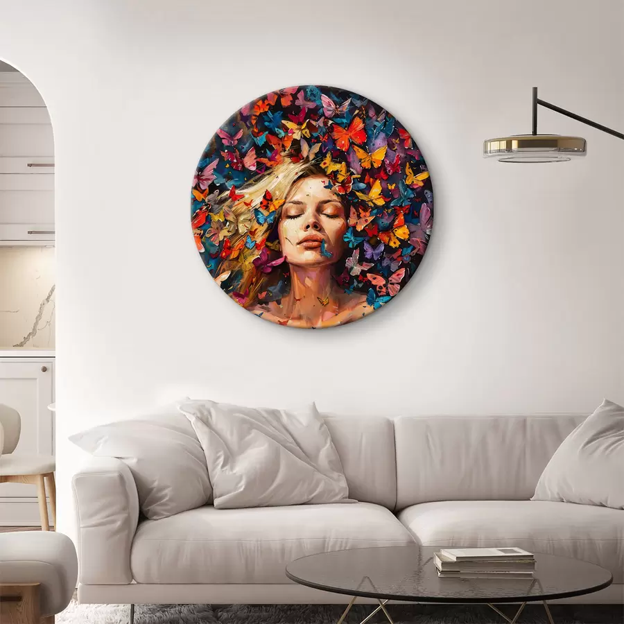 Wandbilder Ölgemälde einer jungen Frau umgeben von einem Schwarm bunter Schmetterlinge vor dunklem Hintergrund r38972