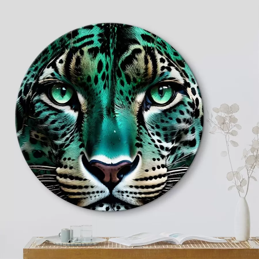 Wandbilder Ein Nahaufnahmeporträt eines wilden Leoparden mit grünen Augen und leuchtend türkisfarbenem und schwarz geflecktem Fell r38979