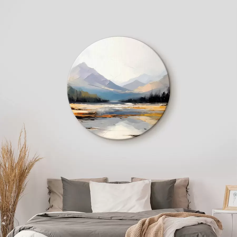 Wandbilder Bergketten im Tal Ölgemälde, Landschaft, Natur, blau, weiß, gelb Farbe r39128