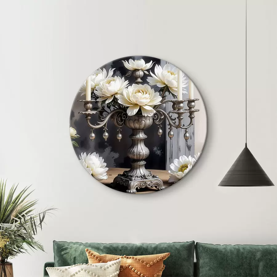 Wandbilder Ein Strauß großer weißer Dahlienblüten in einer verzierten silbernen Vase, umgeben von brennenden Kerzen auf einem Holztisch r39384