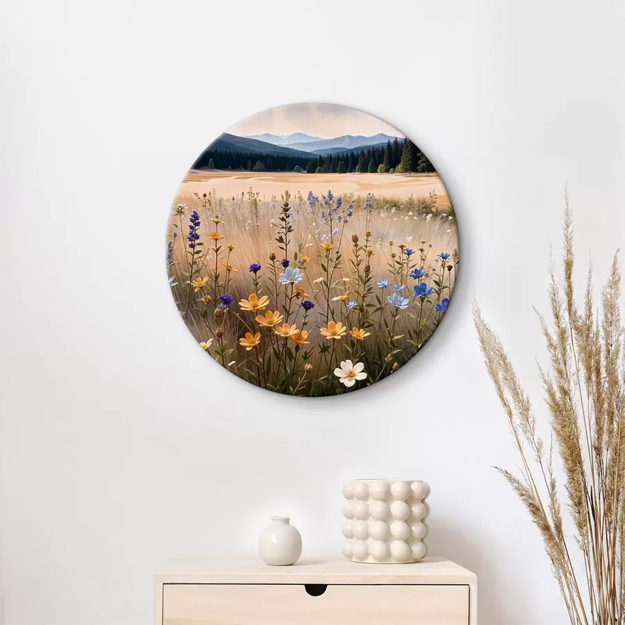 Wandbilder Ein Feld mit bunten Wildblumen im Vordergrund, mit einem See und Bergen im Hintergrund r39502