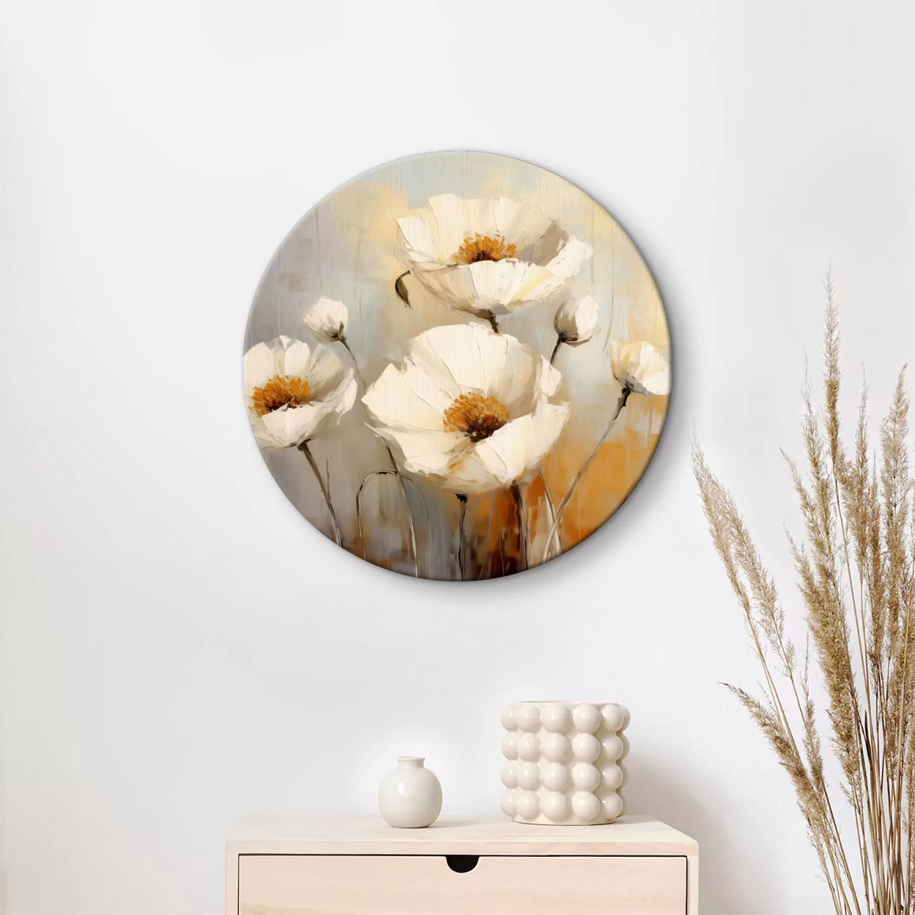 Wandbilder Ölgemälde mit weißen Mohnblumen, Farbe blau und orange r39815