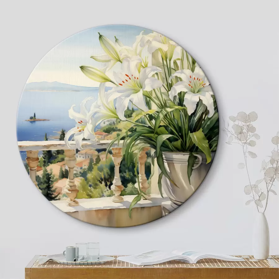 Wandbilder Weiße Lilien in einem Topf auf einem Balkon vor dem Hintergrund der Bucht Aquarell r39932