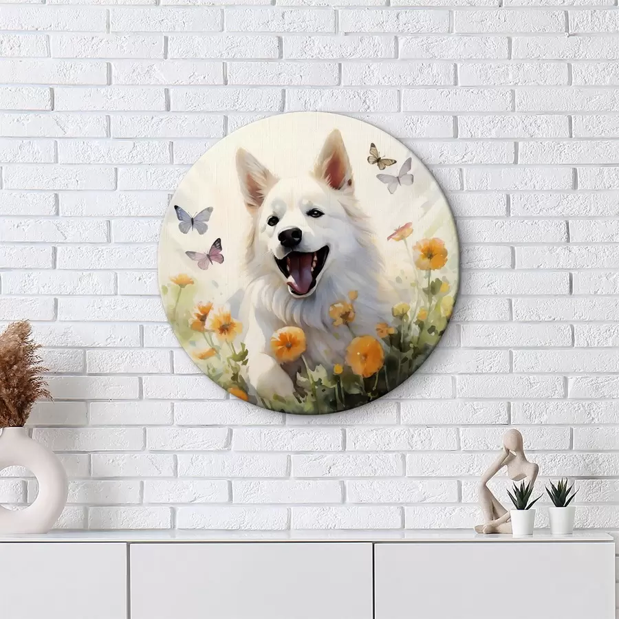 Wandbilder Weißer Hund sitzt in Blumen, Schmetterlinge fliegen Aquarell r39936