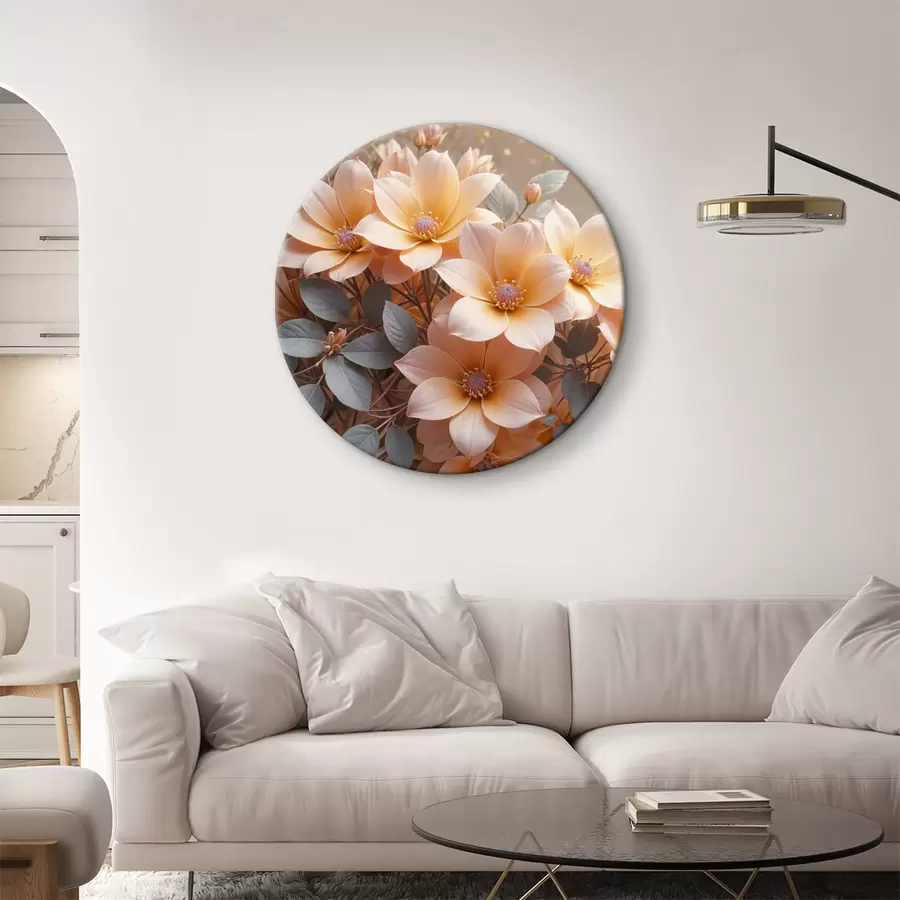 Wandbilder Zarte pfirsichfarbene Dahlienblüten in voller Blüte, mit weichen Blütenblättern vor einem unscharfen Hintergrund r40024