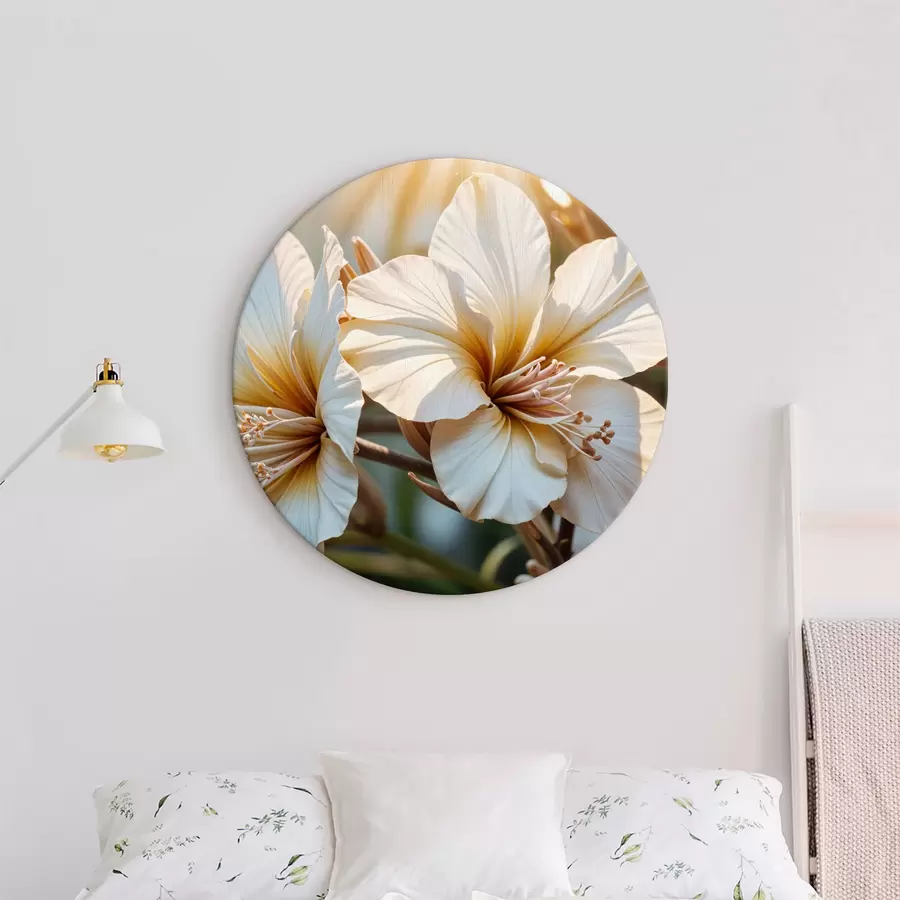 Wandbilder Weiße und orange Hibiskusblüten in voller Blüte, mit Soft-Fokus-Hintergrund r40035