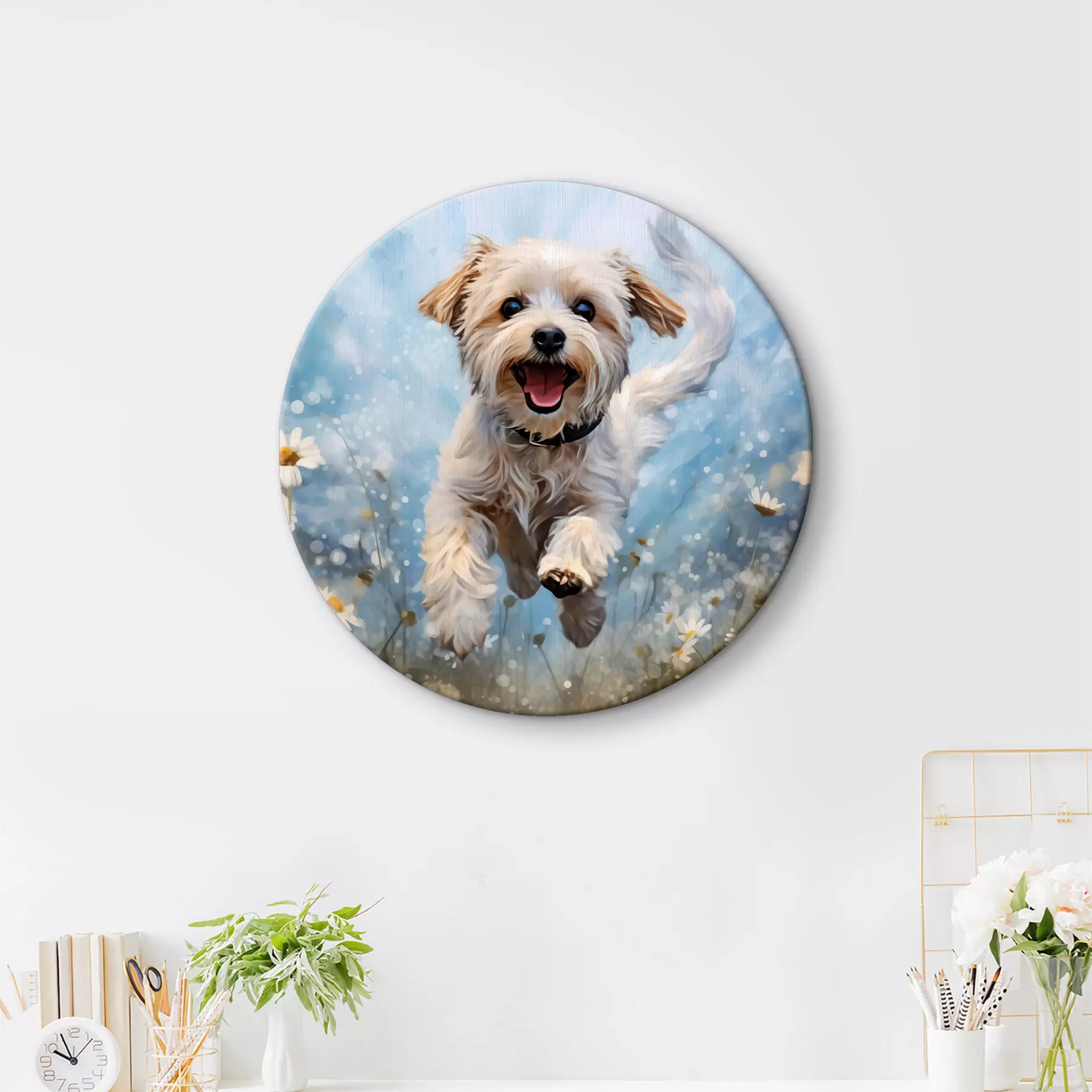 Wandbilder Kleiner weißer Hund springt zwischen Gänseblümchen auf blauem Hintergrund Aquarell r40092