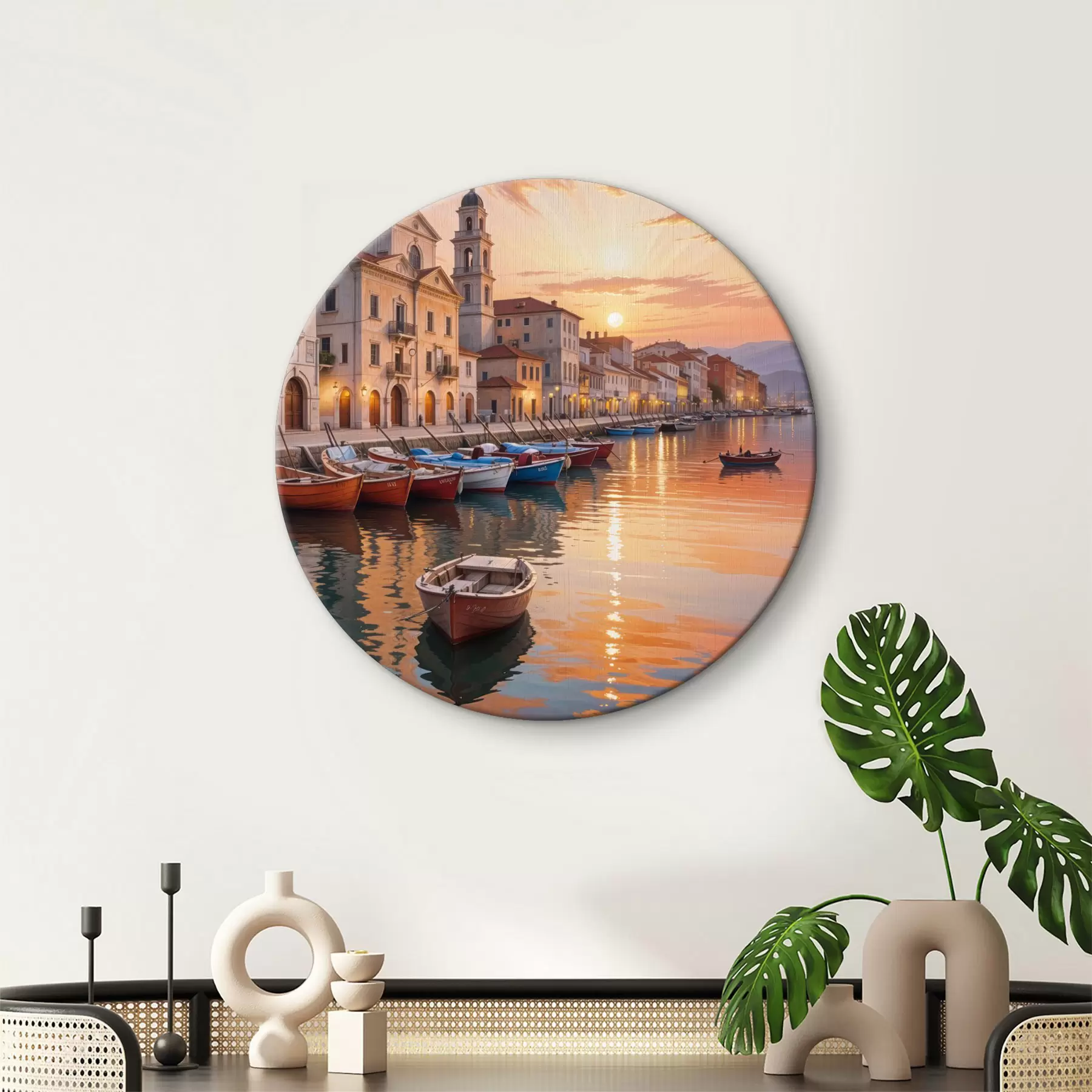 Wandbilder Italienische Küstenstadt bei Sonnenuntergang, mit farbenfrohen Gebäuden entlang der Uferpromenade und Booten, die im ruhigen Wasser treiben r40150