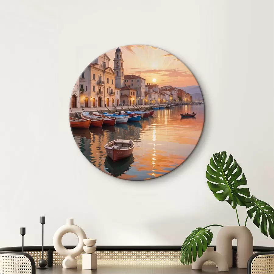 Wandbilder Italienische Küstenstadt bei Sonnenuntergang, mit farbenfrohen Gebäuden entlang der Uferpromenade und Booten, die im ruhigen Wasser treiben r40150