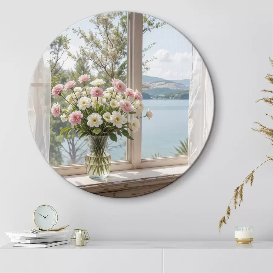 Wandbilder Ein Strauß rosafarbener und weißer Blumen in einer Glasvase auf einer Fensterbank mit malerischem Blick auf See und Berge r40151