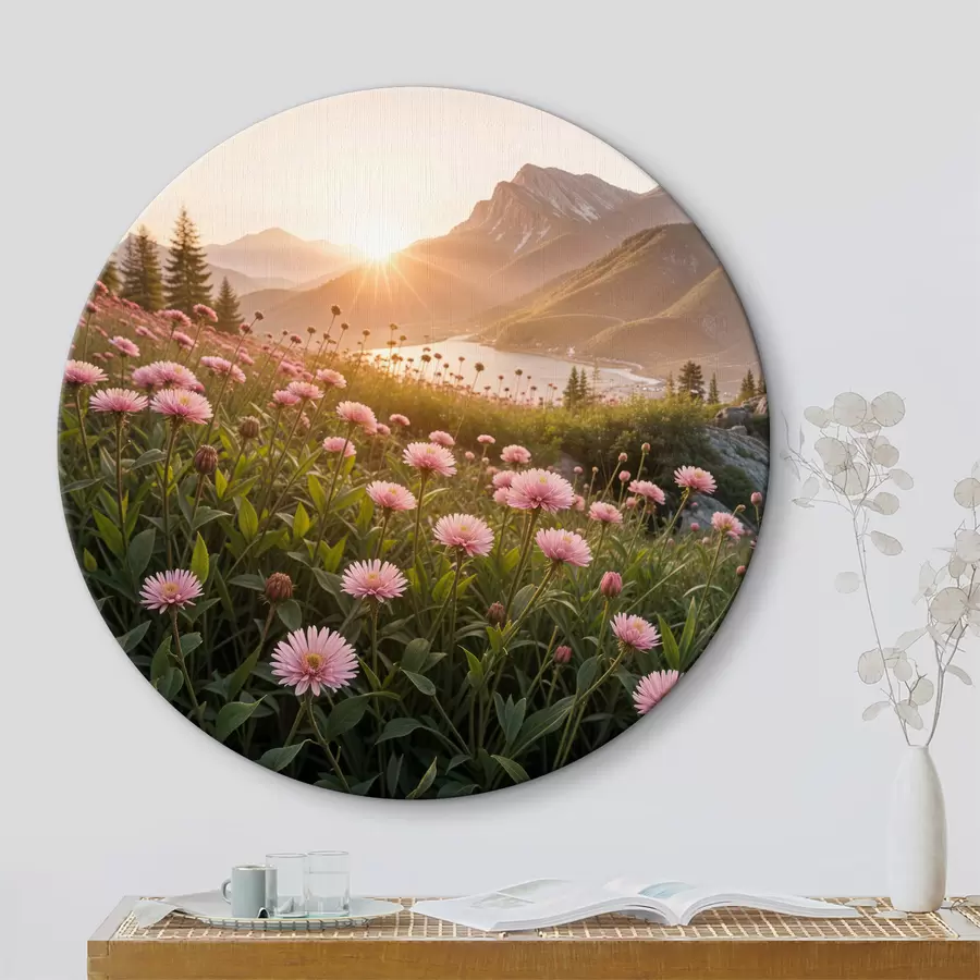 Wandbilder Ein Feld mit rosa Gänseblümchen-ähnlichen Blumen im Vordergrund, mit einer großen Bergkette im Hintergrund r40154