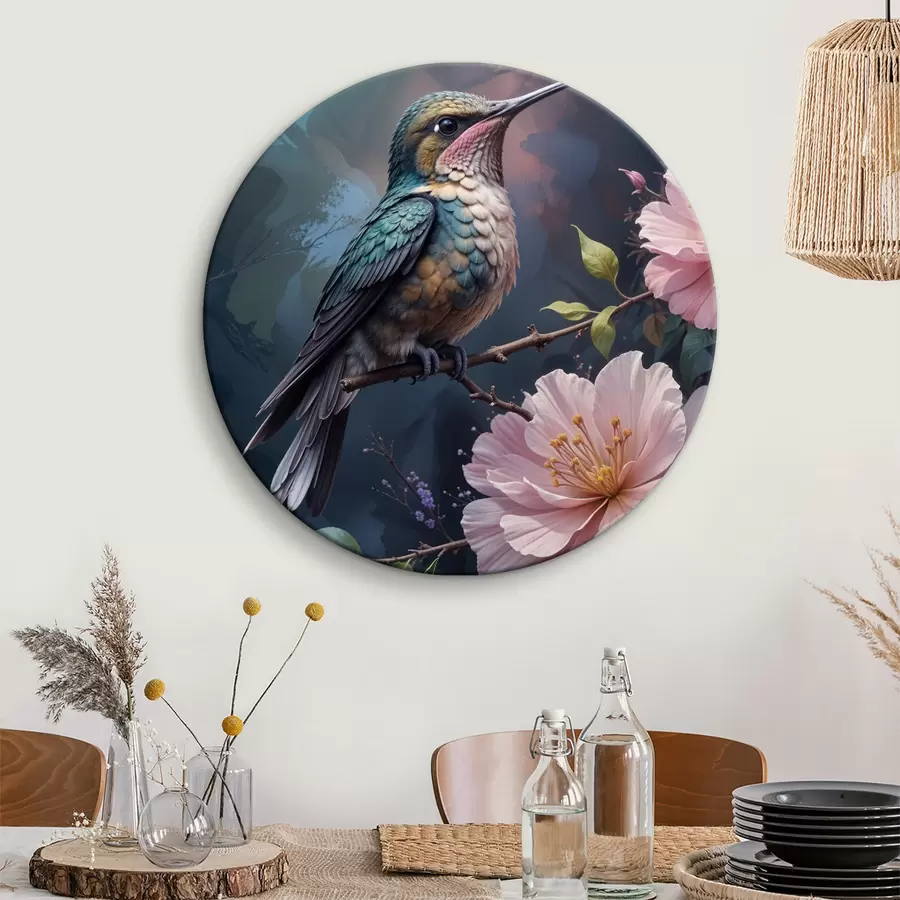 Wandbilder Ein bunter Kolibri auf einem Ast mit leuchtend rosa Blüten im Hintergrund r40155