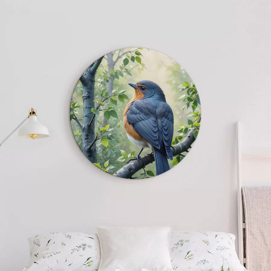 Wandbilder Zwei blaue und orange Vögel sitzen auf einem Ast mit grünen Blättern im Hintergrund r40156