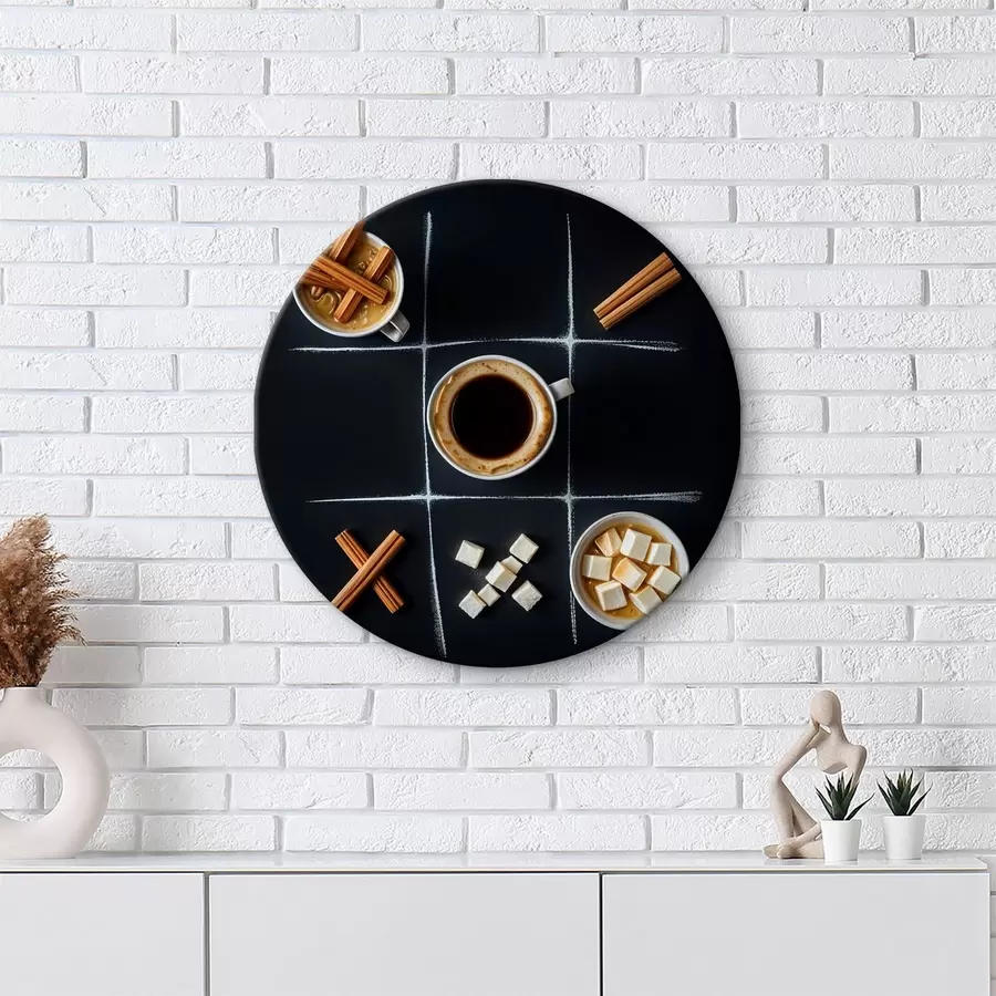 Wandbilder Eine Tasse Kaffee mit Zimtstangen, Zuckerwürfeln und Marshmallows, angeordnet in einem Tic-Tac-Toe-Raster r40163