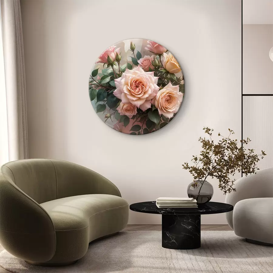 Wandbilder Ein Strauß wunderschöner rosa Rosen mit grünen Blättern vor einem weichen, unscharfen Hintergrund r40168