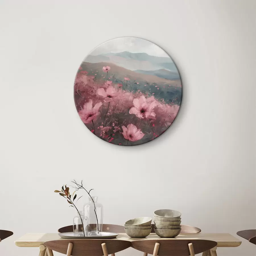 Fototapete Rosa Blumen auf der Wiese, Naturlandschaft, Berge, Ölgemälde, lebendige Pinselstriche r40233