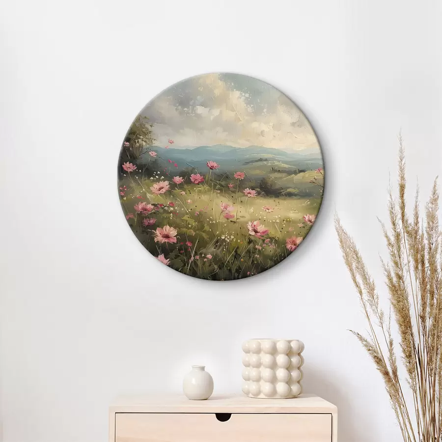 Wandbilder Wiese mit rosa Blumen, grünem Gras, Naturlandschaft, Himmel mit Wolken, Acrylzeichnung r40234