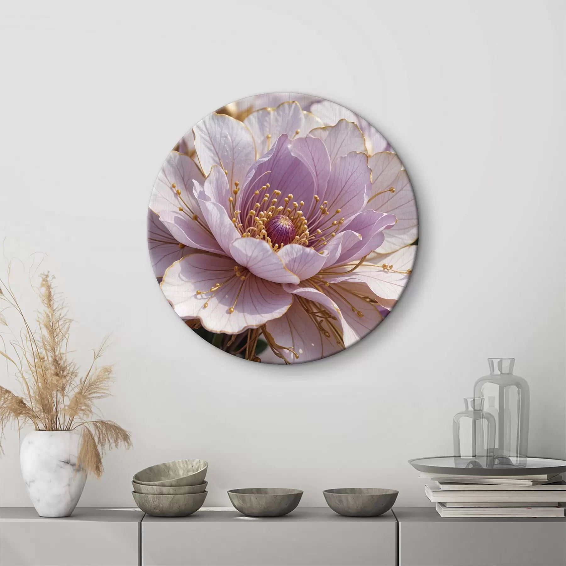 Wandbilder Eine Nahaufnahme einer großen, blassrosa Pfingstrose mit zarten Blütenblättern und einer leuchtend gelben Mitte r40384