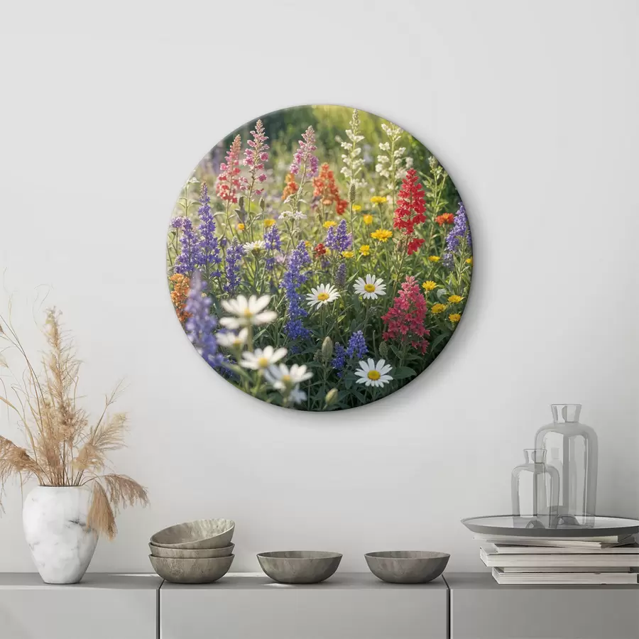 Wandbilder Eine farbenfrohe Wildblumenwiese mit verschiedenen blühenden Blumen, darunter Gänseblümchen, Lavendel und rote Blumen r40390