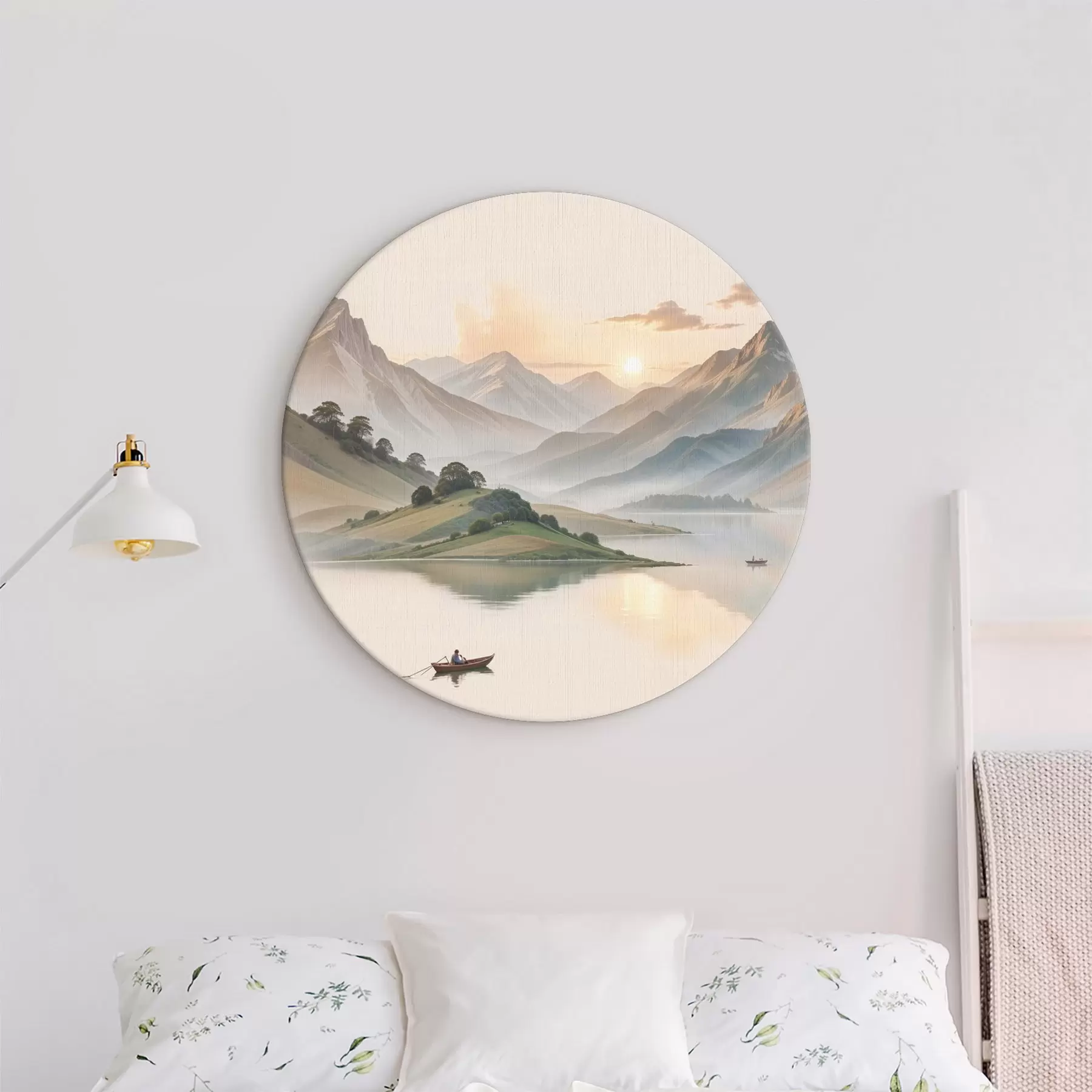 Wandbilder Eine ruhige Landschaft mit einem See, in dessen Hintergrund sich Berge spiegeln, und einem kleinen Boot auf dem ruhigen Wasser r40391