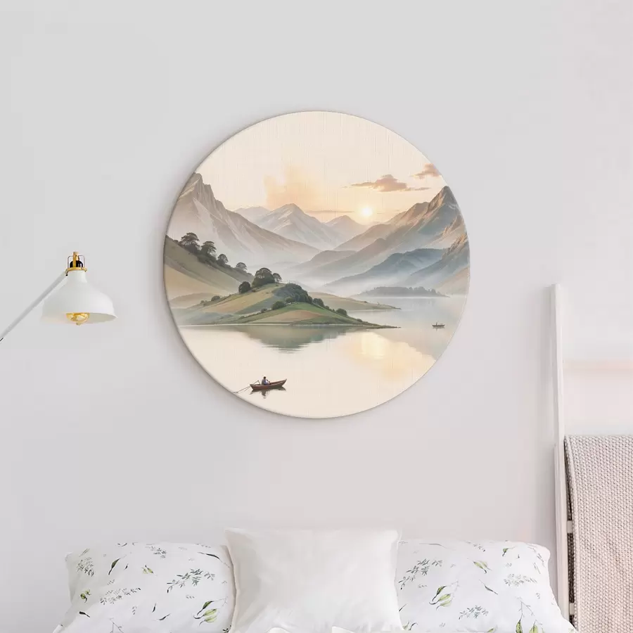 Wandbilder Eine ruhige Landschaft mit einem See, in dessen Hintergrund sich Berge spiegeln, und einem kleinen Boot auf dem ruhigen Wasser r40391