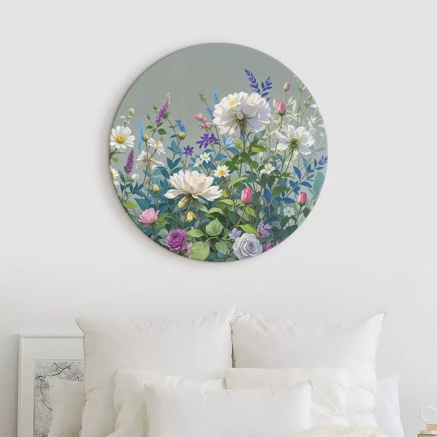 Wandbilder Ein üppiger, lebendiger Garten mit einer Vielzahl bunter Blumen und blühender Pflanzen vor einem grauen Hintergrund r40393