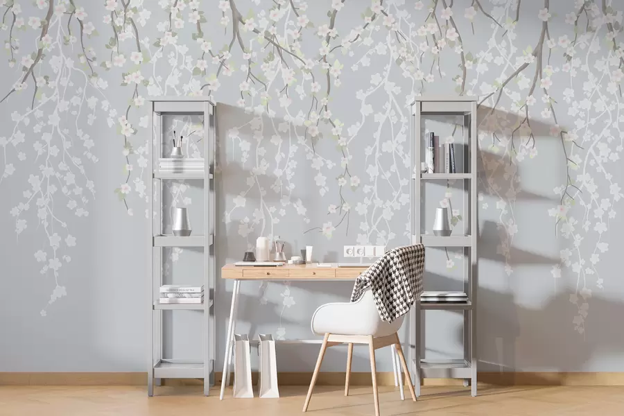 Fototapete Fallende zarte Zweige mit Blumen auf einem blauen Hintergrund w02479