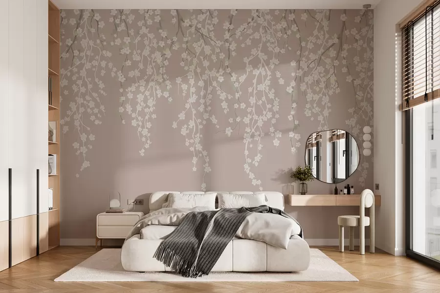 Fototapete Fließende zarte Zweige mit Blumen auf einem pastellfarbenen Hintergrund w02479v2