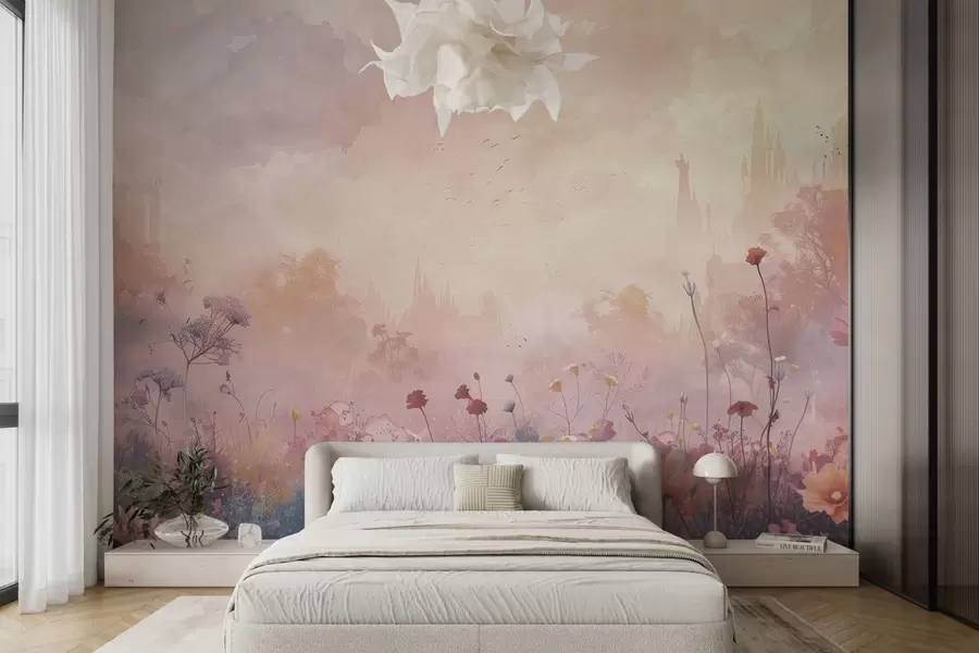 Fototapete Wilde Blumen auf Schloss Silhouette Hintergrund w08478