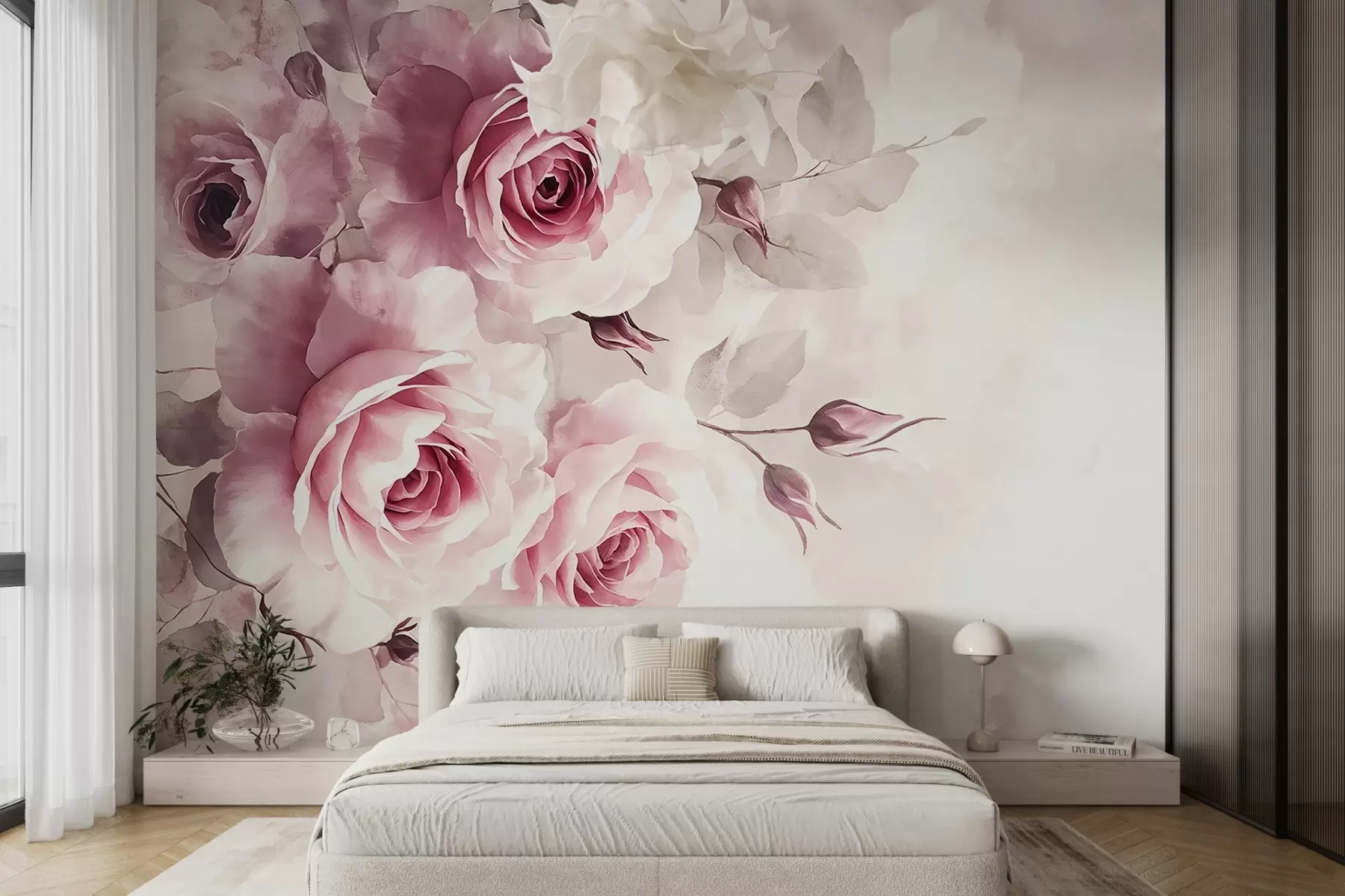 Fototapete Zarte pastellrosa Rosen und Blätter mit weichem, verschwommenem Aquarellimitationshintergrund w08459
