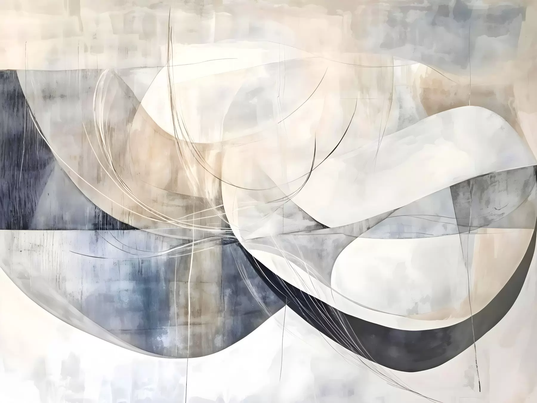 Fototapete Abstrakte Formen und Gestalten in Weiß-, Grau-, Beige- und Blautönen vor einem verschwommenen, strukturierten Hintergrund w08461