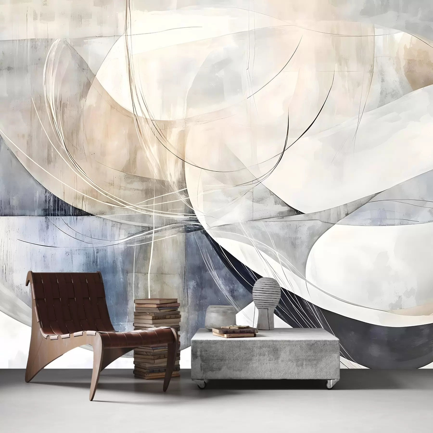 Fototapete Abstrakte Formen und Gestalten in Weiß-, Grau-, Beige- und Blautönen vor einem verschwommenen, strukturierten Hintergrund w08461
