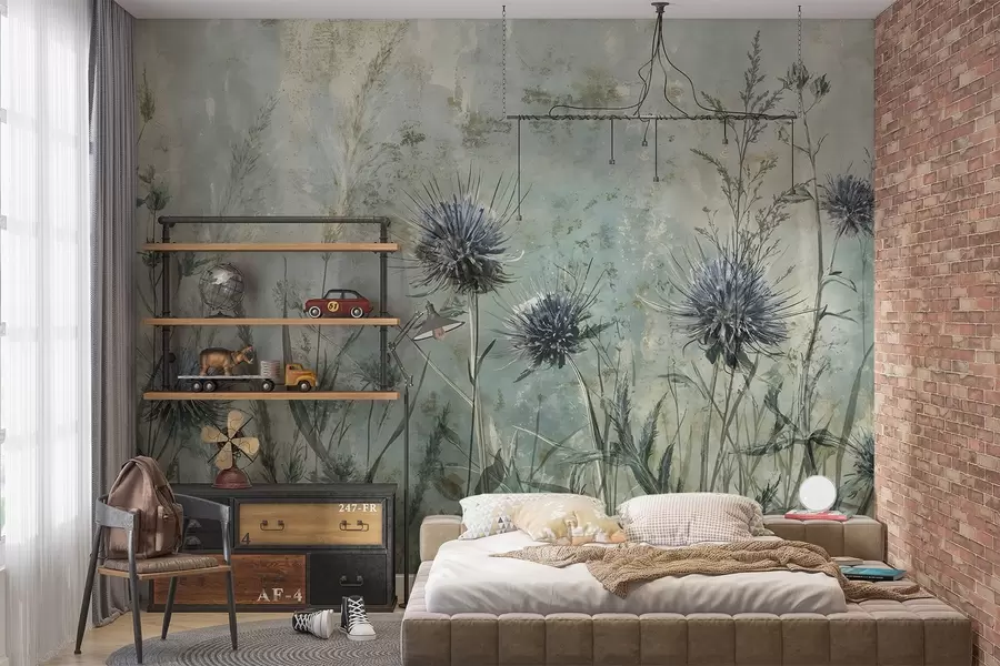 Fototapete Ein Feld von lila Distel Blumen mit verschwommenen Blumen und Laub in der Vintage-Struktur Hintergrund w08463