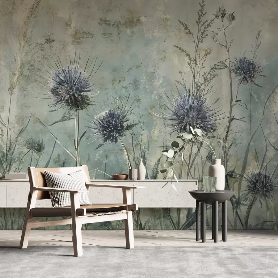 Fototapete Ein Feld von lila Distel Blumen mit verschwommenen Blumen und Laub in der Vintage-Struktur Hintergrund w08463