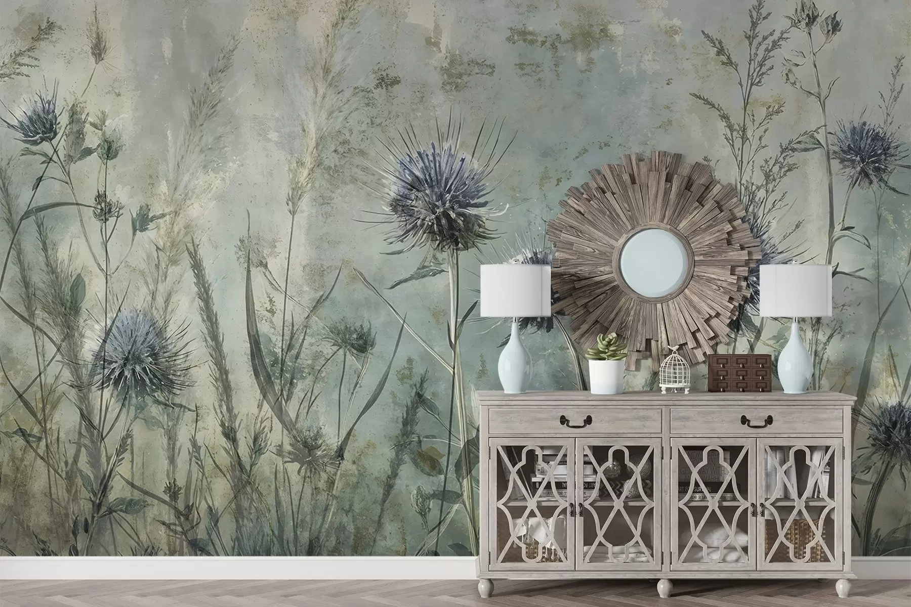 Fototapete Ein Feld von lila Distel Blumen mit verschwommenen Blumen und Laub in der Vintage-Struktur Hintergrund w08463