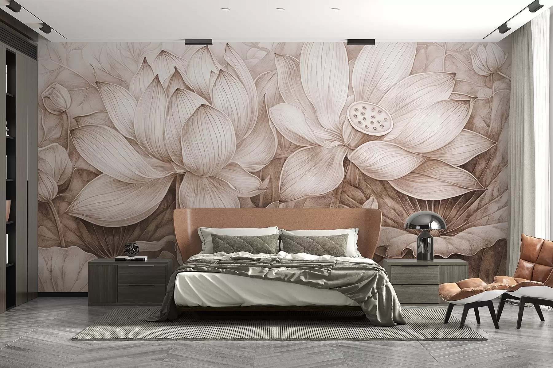 Fototapete Mehrere detailliert strukturierte große beigefarbene Lotusblumen mit braunen Blättern und Stängeln vor hellem Hintergrund w08465v1