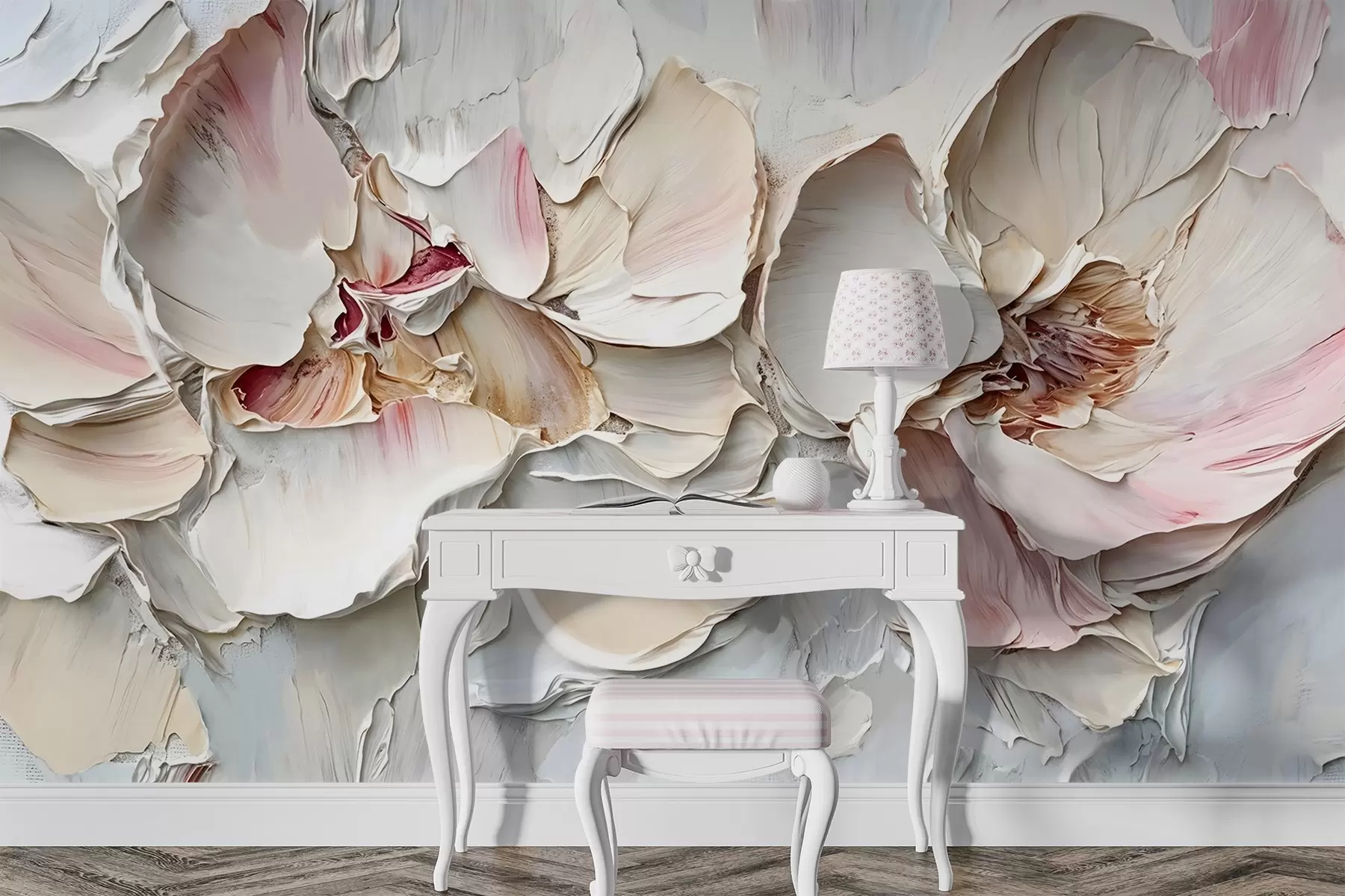 Fototapete Zarte, blassrosa Blüten mit weichen, geschichteten Blütenblättern auf einem gedämpften, strukturierten Hintergrund Impasto-Ölgemälde-Imitation w08467