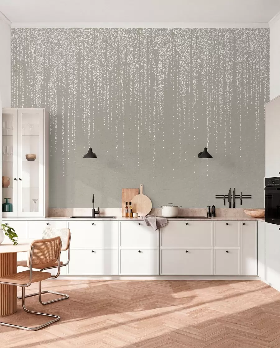 Fototapete Ein vertikaler, eleganter Druck einer gepunkteten Girlande auf einem beigefarbenen, strukturierten Hintergrund, der ein Gefühl von Tiefe und Bewegung vermittelt w08470
