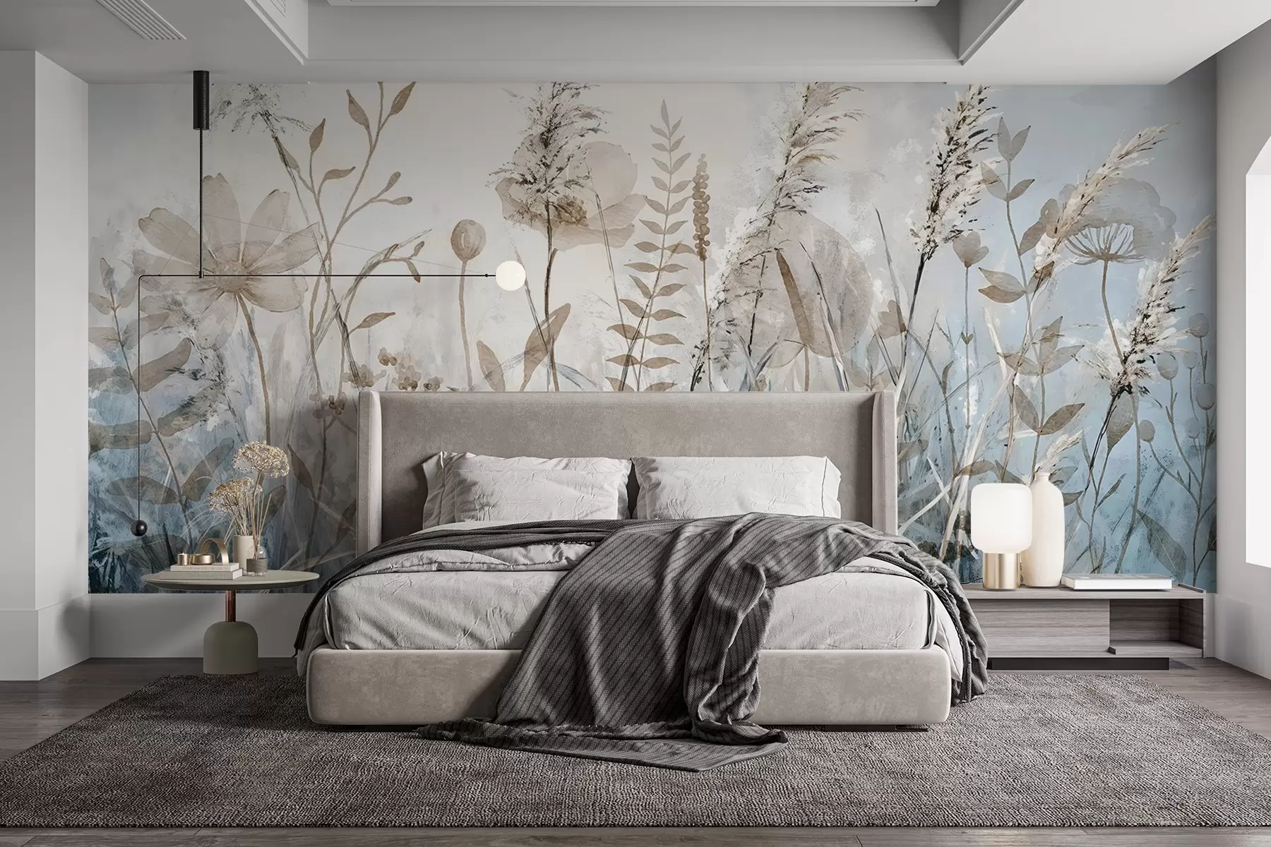 Fototapete Ein Feld mit hohem Gras, natürlichem Laub und Pflanzen mit weichen, wispy Texturen vor einem dunstigen, bedeckten Himmel w08472