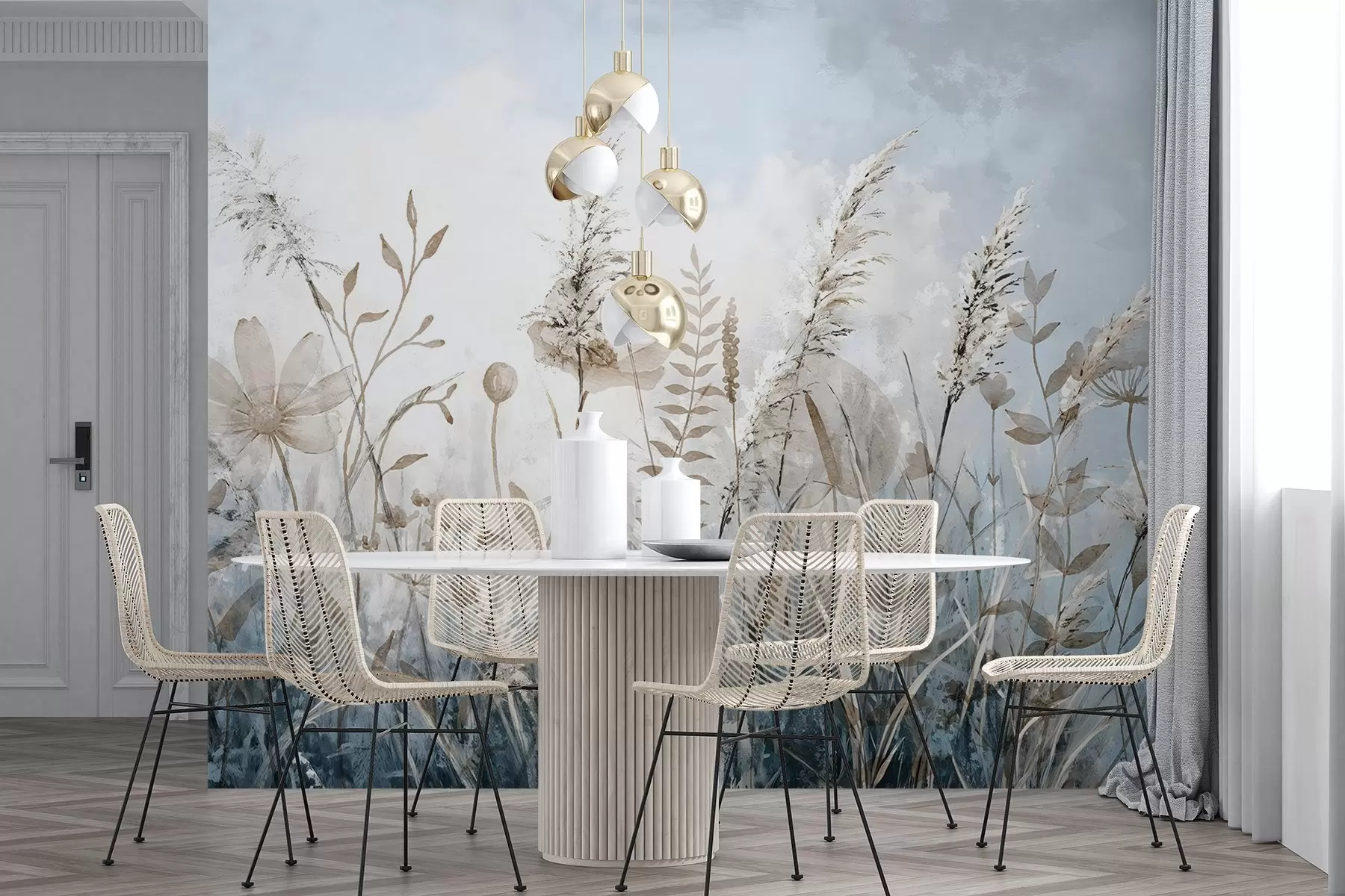 Fototapete Ein Feld mit hohem Gras, natürlichem Laub und Pflanzen mit weichen, wispy Texturen vor einem dunstigen, bedeckten Himmel w08472