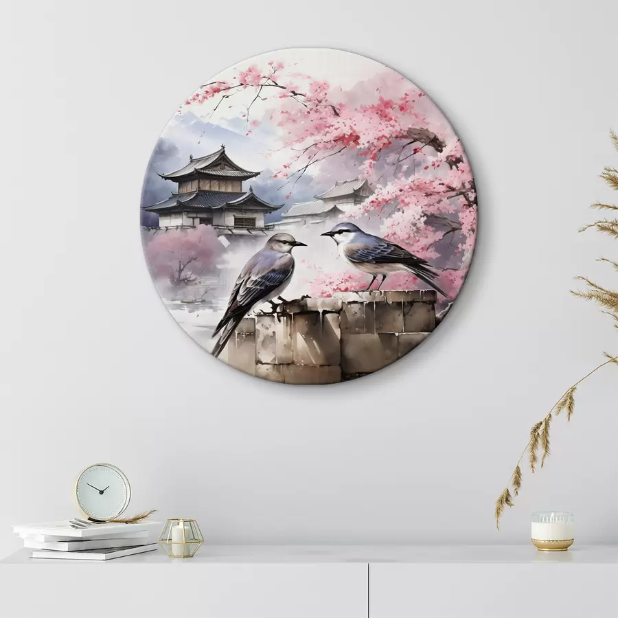 Wandbilder Zwei Vögel auf dem Hintergrund der blühenden Sakura r36815