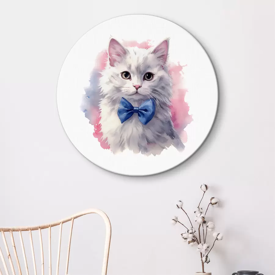 Wandbilder Weiße flauschige Katze mit einer blauen Schleife am Hals, Aquarell, Tier, grau, weiß, rosa, blaue Farbe r38479