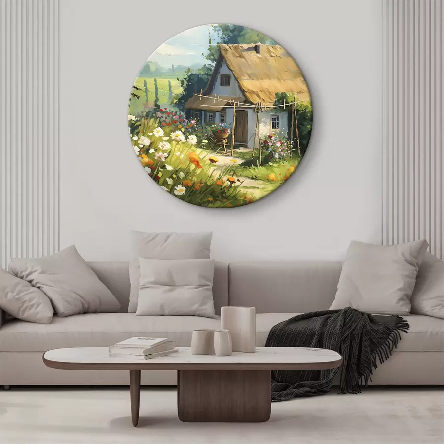 Wandbilder Dorfhaus mit Garten, Sommerblumen, Ölfarbe, Pinselstriche, Feld, rustikaler Stil r38491