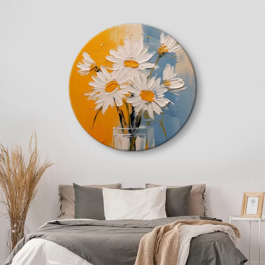 Wandbilder Weiße Gänseblümchen in einer Glasvase auf blauem und gelbem Hintergrund, Imitation eines Ölgemäldes, große Striche r38907