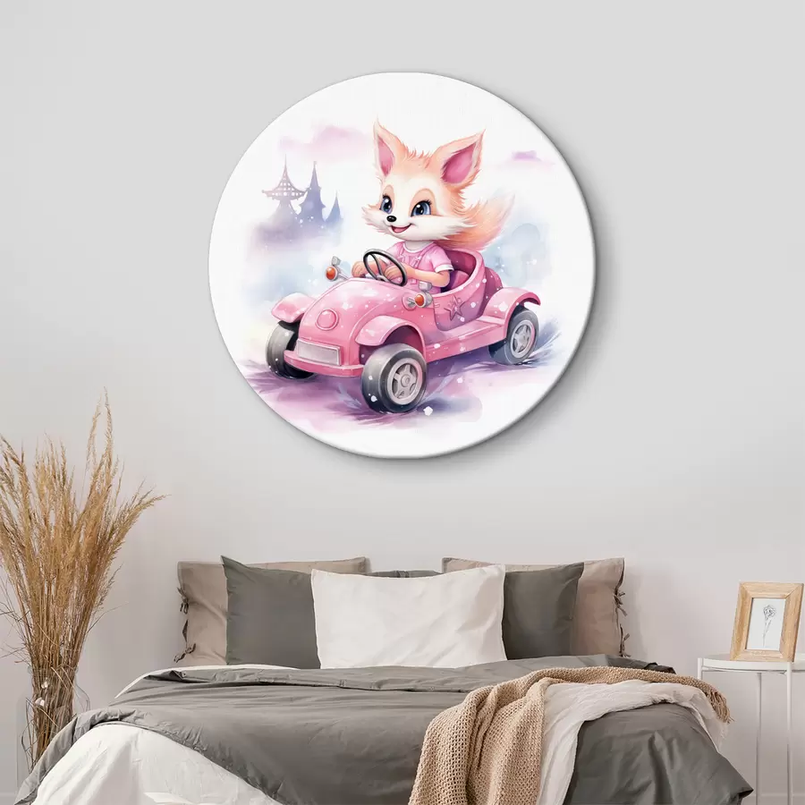 Wandbilder Kleiner Fuchs fährt ein rosa Auto Aquarell-Illustration für Kinder r38943