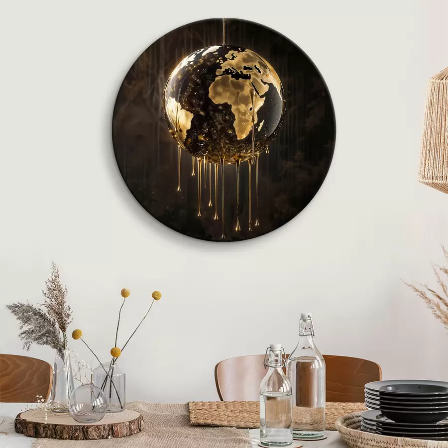 Wandbilder Ein glühender Globus, der die Erde inmitten einer tropfenden Flüssigkeit vor einem dunklen Hintergrund darstellt r38983