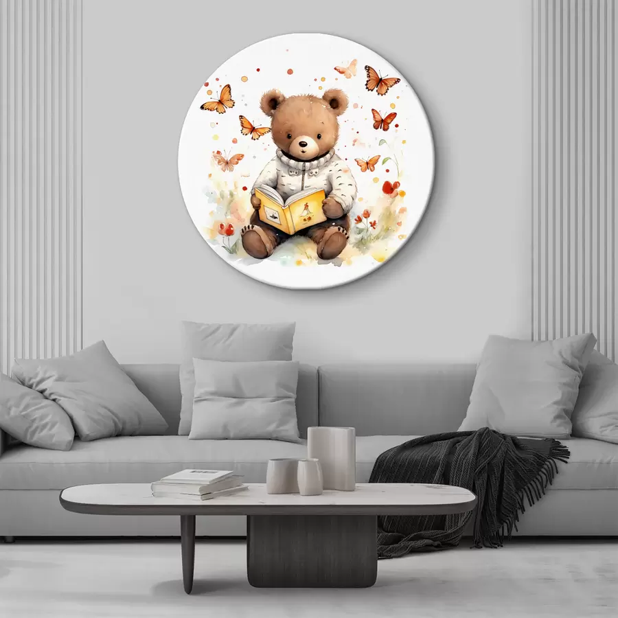 Wandbilder Braunbärjunges im Pullover liest ein Buch, umgeben von Aquarell-Schmetterlingen r39025
