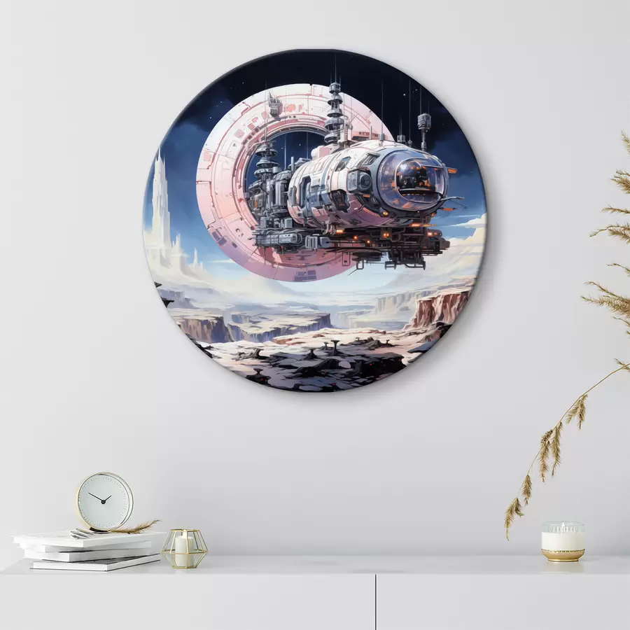 Wandbilder Ein Raumschiff im Cyberpunk-Stil fliegt im Weltraum über einem Asteroiden und einem Planeten, Farbe: blau, beige, rosa, weiß r39115