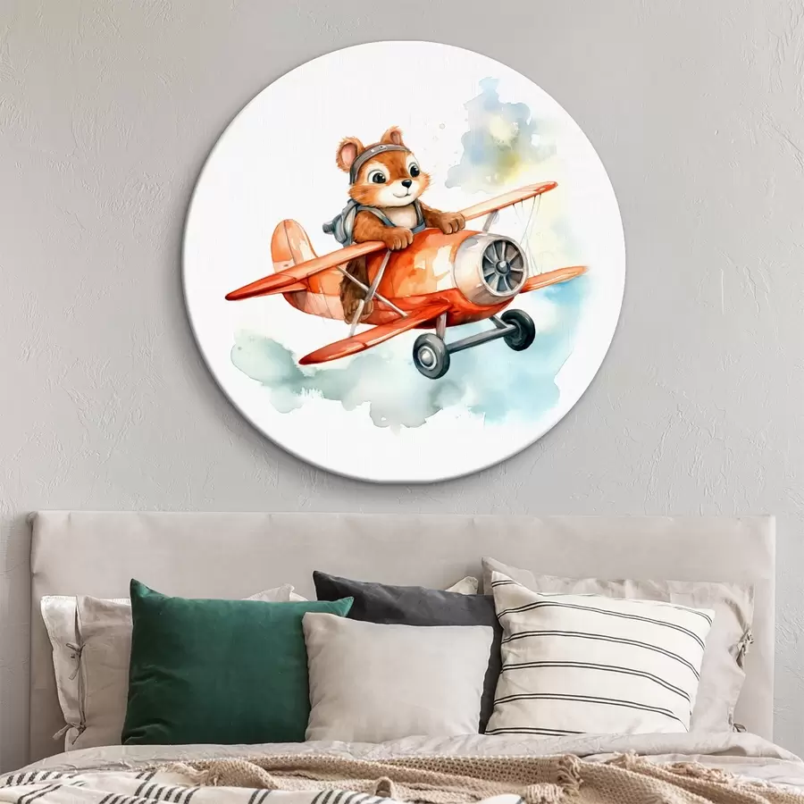Wandbilder Baby-Eichhörnchen fliegt in einem roten Flugzeug Kinder Illustration Aquarell r39116
